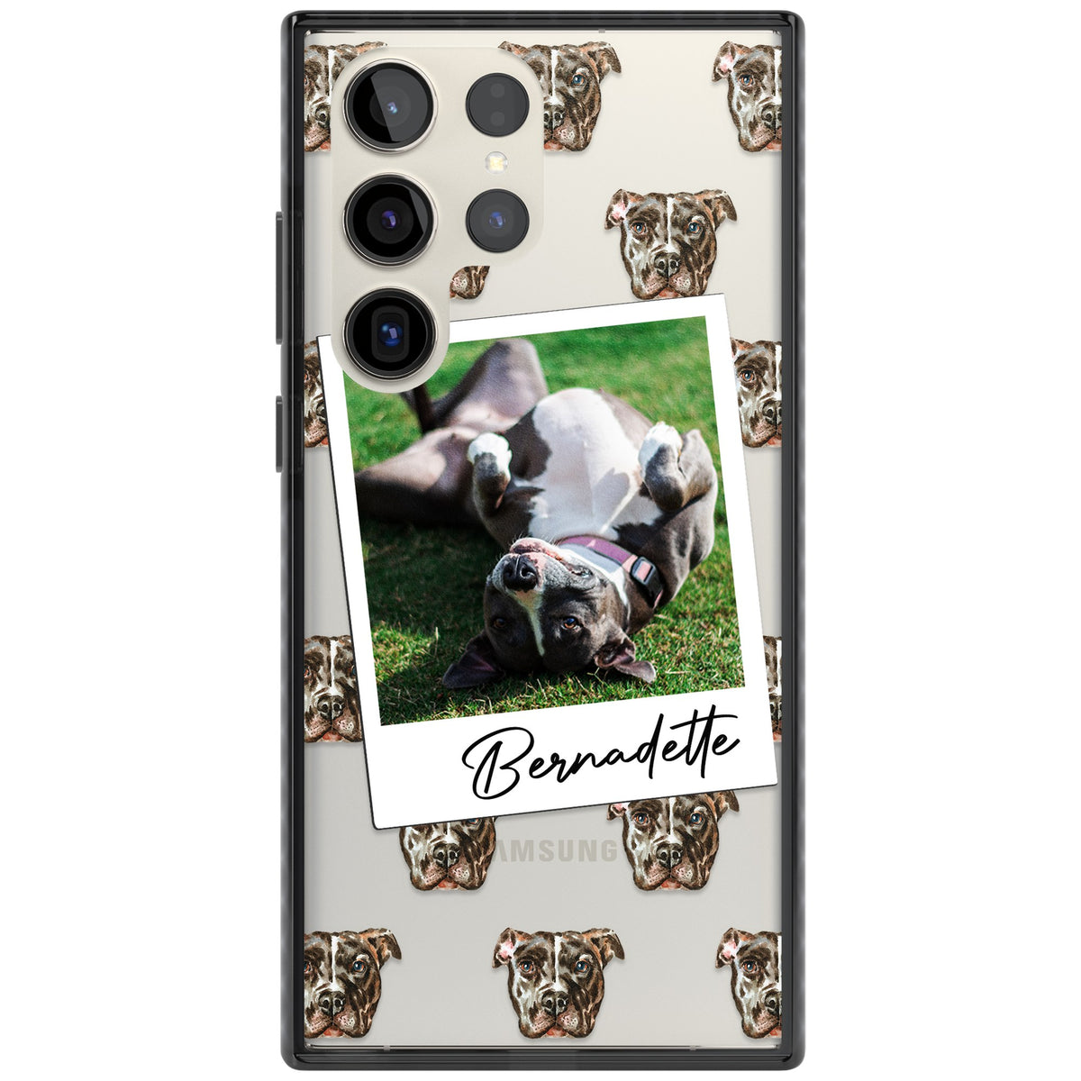 Personalised Staffordshire Bull Terrier Instant Camera Photo Samsung S22 Ultra / Samsung S23 Ultra / Samsung S24 Ultra Impact Black Phone Case front