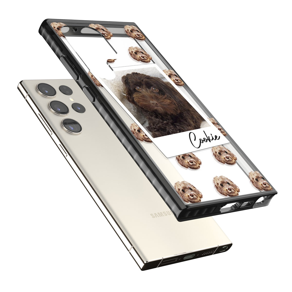 Personalised Brown Cockapoo Instant Camera Photo Samsung S22 Ultra / Samsung S23 Ultra / Samsung S24 Ultra Impact Black Phone Case angled
