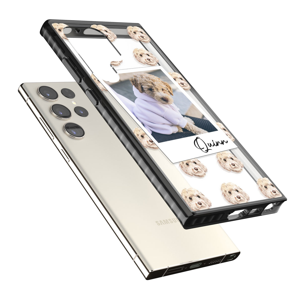 Personalised Cream Cockapoo Instant Camera Photo Samsung S22 Ultra / Samsung S23 Ultra / Samsung S24 Ultra Impact Black Phone Case angled