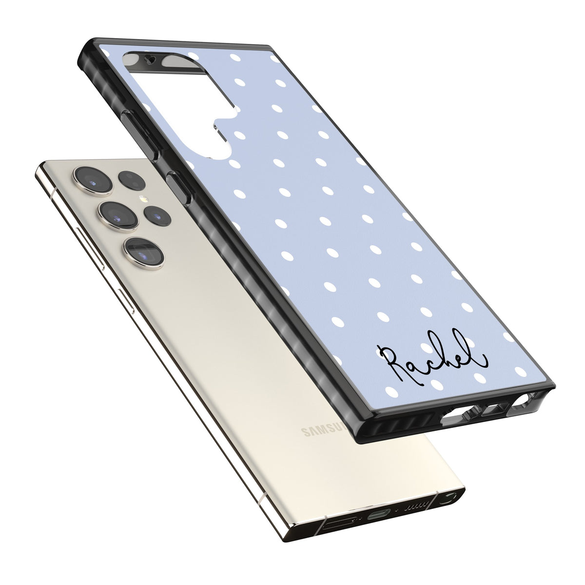 Personalised Powder Blue Dots Samsung S22 Ultra / Samsung S23 Ultra / Samsung S24 Ultra Impact Black Phone Case angled