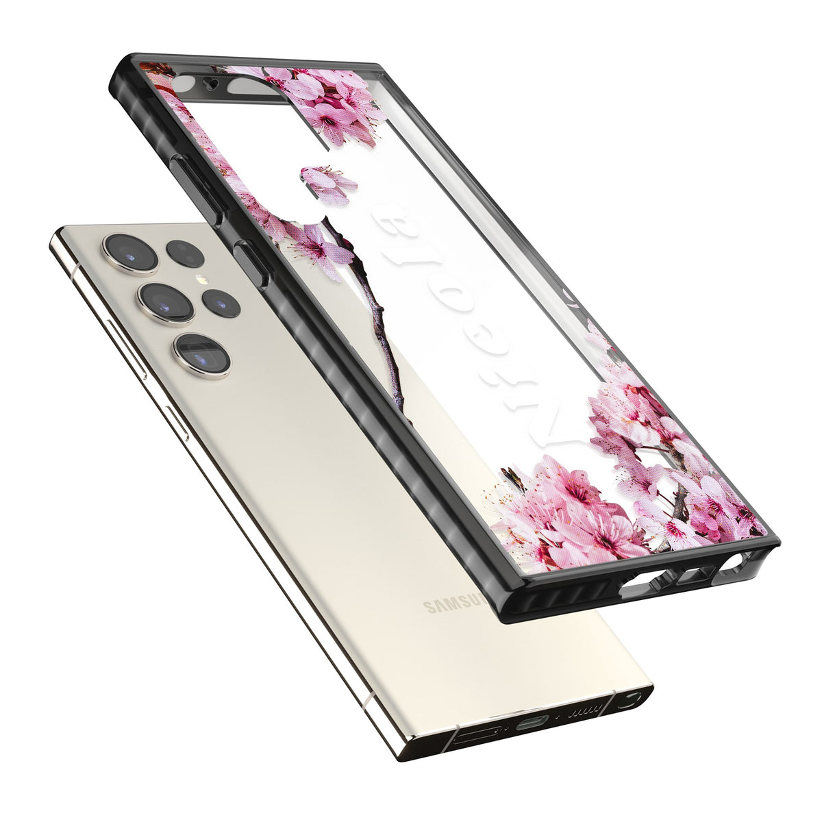 Personalised Cherry Blossom Samsung S22 Ultra / Samsung S23 Ultra / Samsung S24 Ultra Impact Black Phone Case angled