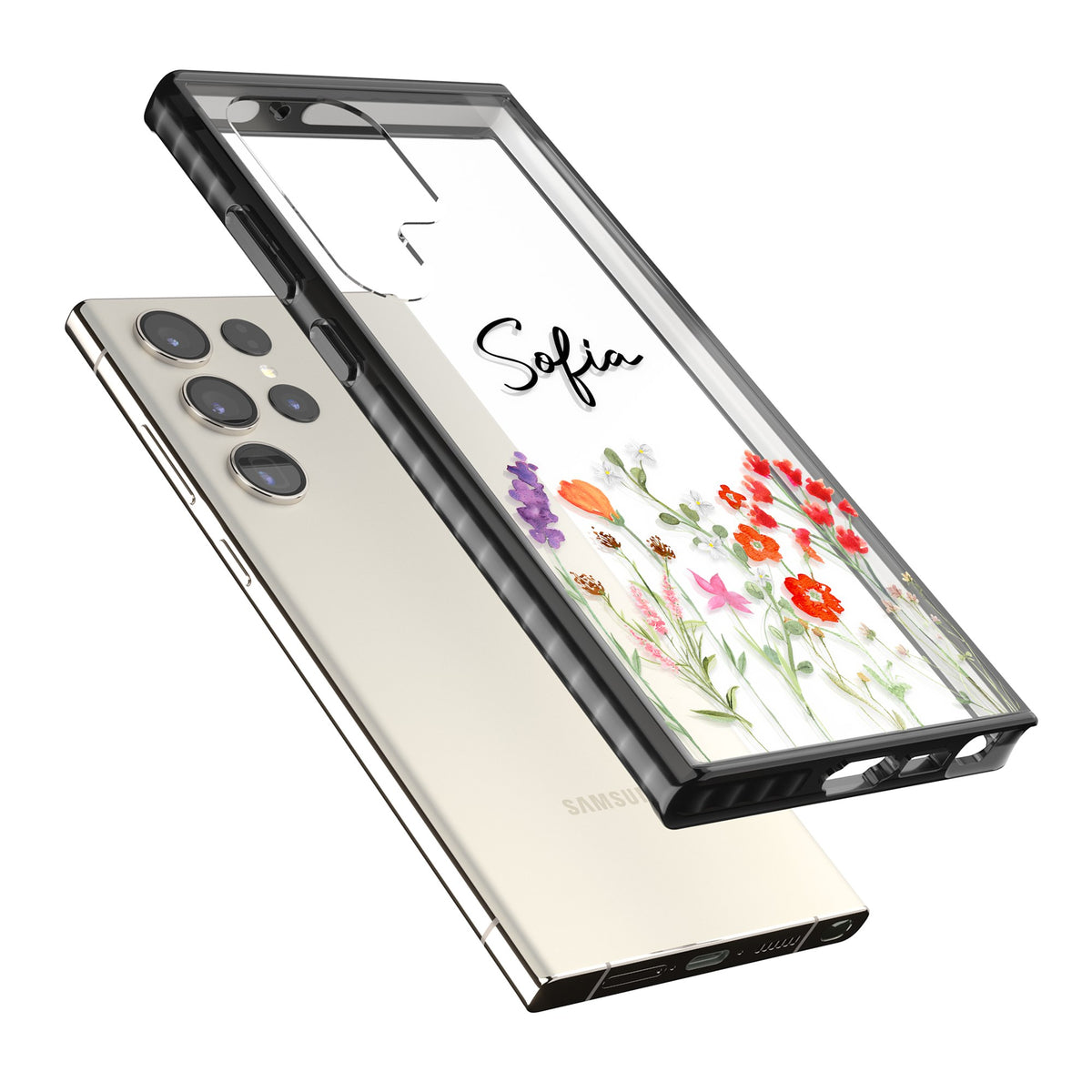 Personalised Spring Wildflowers Samsung S22 Ultra / Samsung S23 Ultra / Samsung S24 Ultra Impact Black Phone Case angled