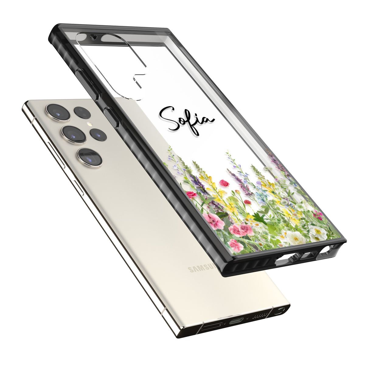Personalised Garden Wildfowers Samsung S22 Ultra / Samsung S23 Ultra / Samsung S24 Ultra Impact Black Phone Case angled