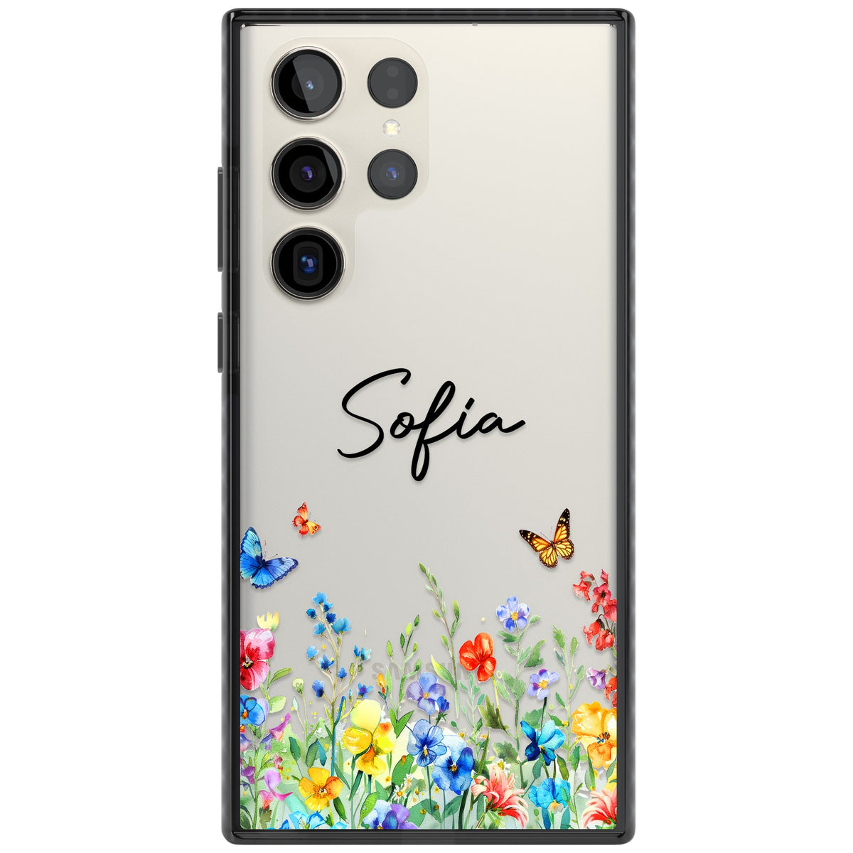 Personalised Buterflies Wildflowers Samsung S22 Ultra / Samsung S23 Ultra / Samsung S24 Ultra Impact Black Phone Case front