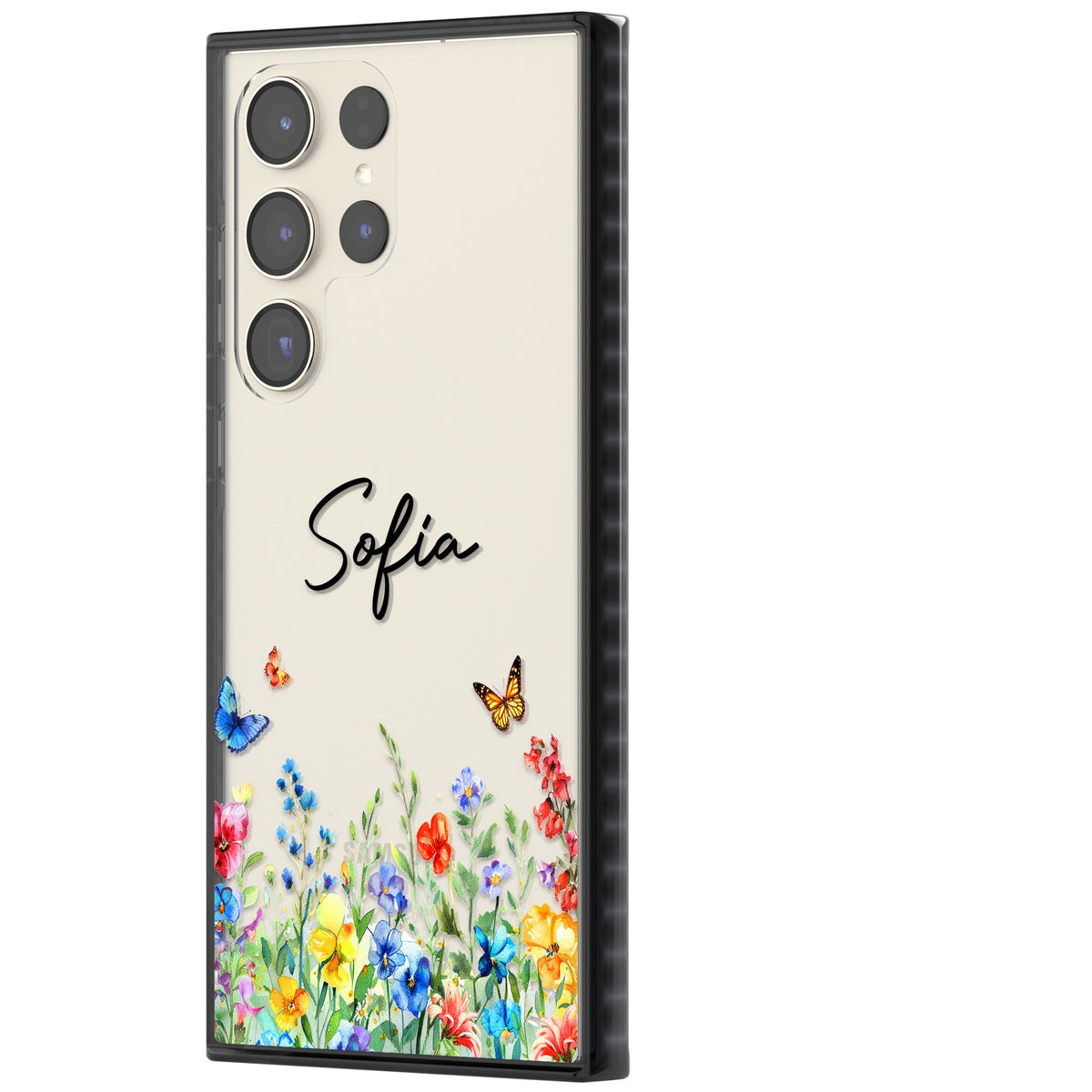 Personalised Buterflies Wildflowers Samsung S22 Ultra / Samsung S23 Ultra / Samsung S24 Ultra Impact Black Phone Case side