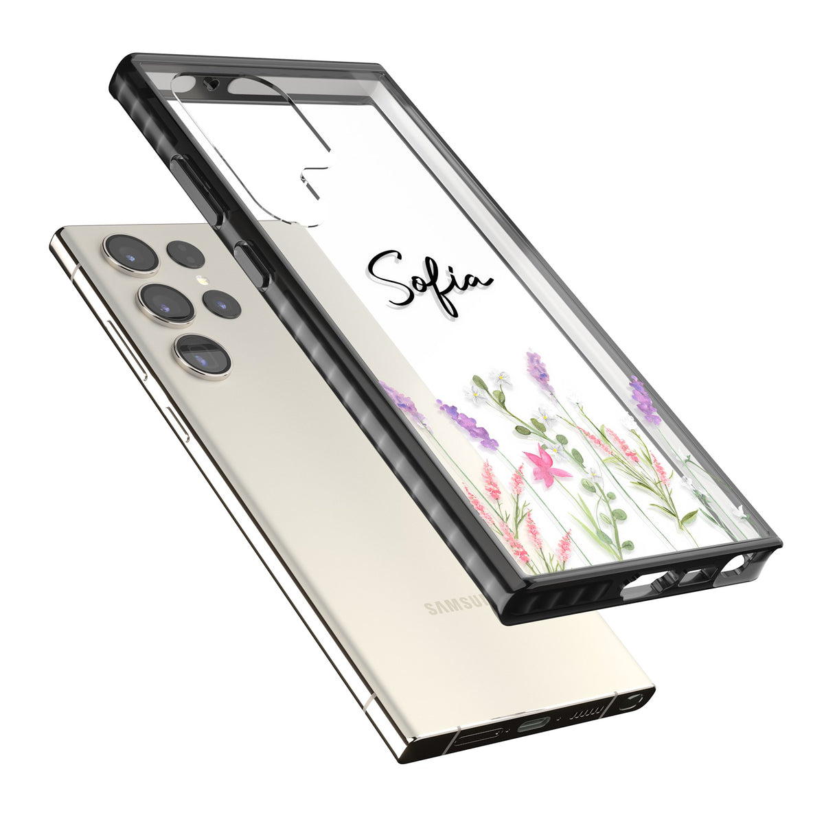 Personalised Lavender Wildflowers Samsung S22 Ultra / Samsung S23 Ultra / Samsung S24 Ultra Impact Black Phone Case angled