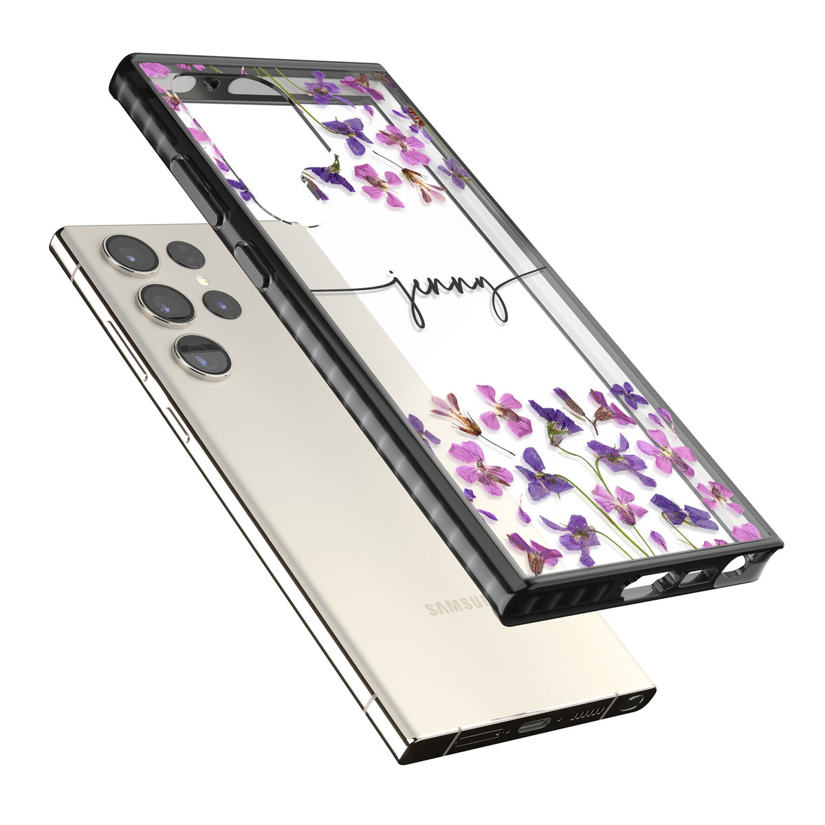 Personalised Purple Wildflowers Samsung S22 Ultra / Samsung S23 Ultra / Samsung S24 Ultra Impact Black Phone Case angled