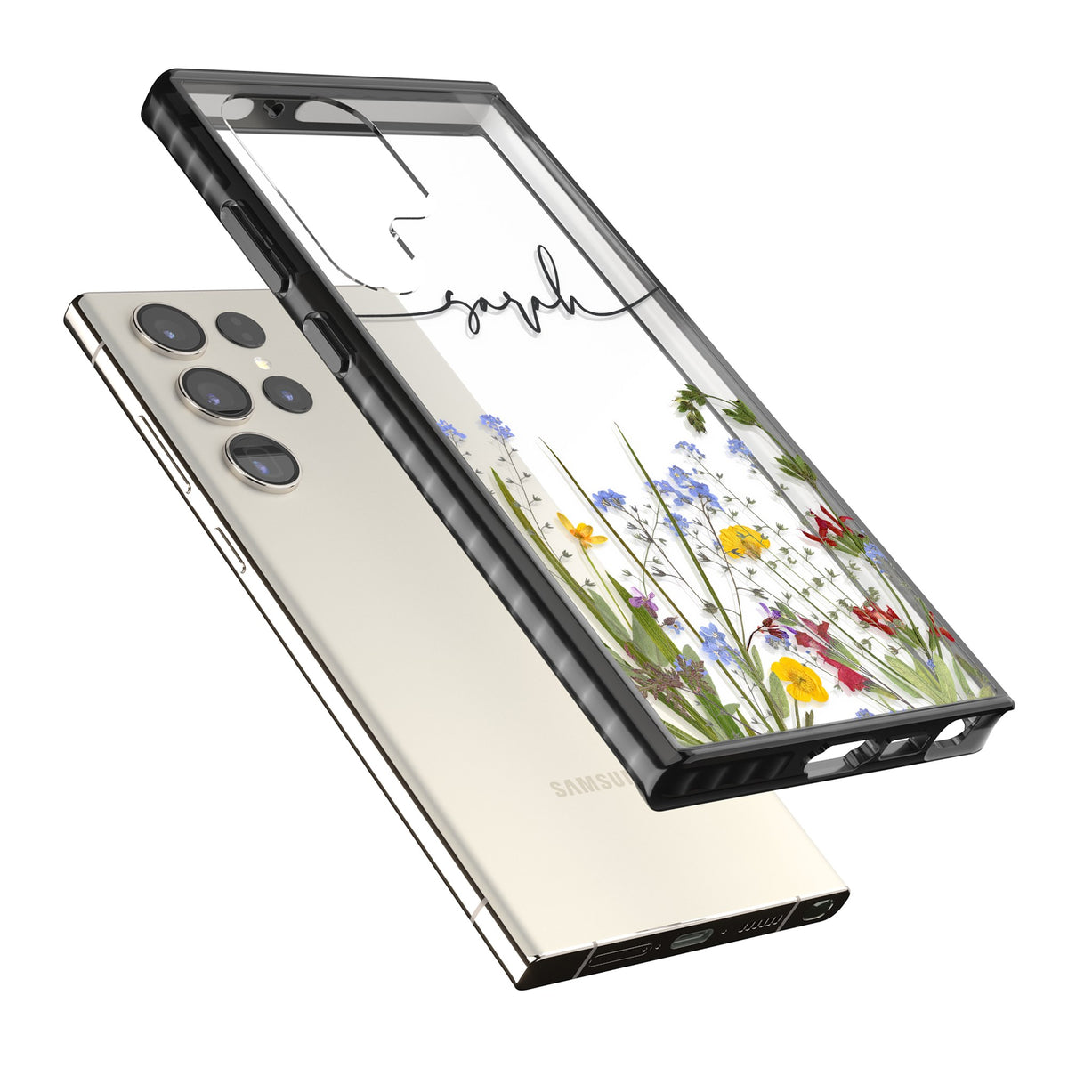 Personalised Wildflower Script Samsung S22 Ultra / Samsung S23 Ultra / Samsung S24 Ultra Impact Black Phone Case angled