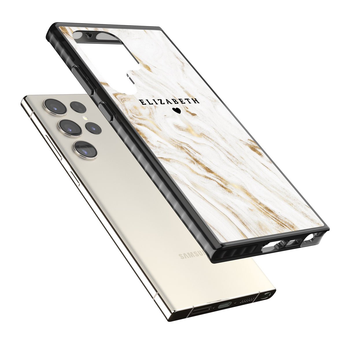 Personalised White Gilded Marble Samsung S22 Ultra / Samsung S23 Ultra / Samsung S24 Ultra Impact Black Phone Case angled