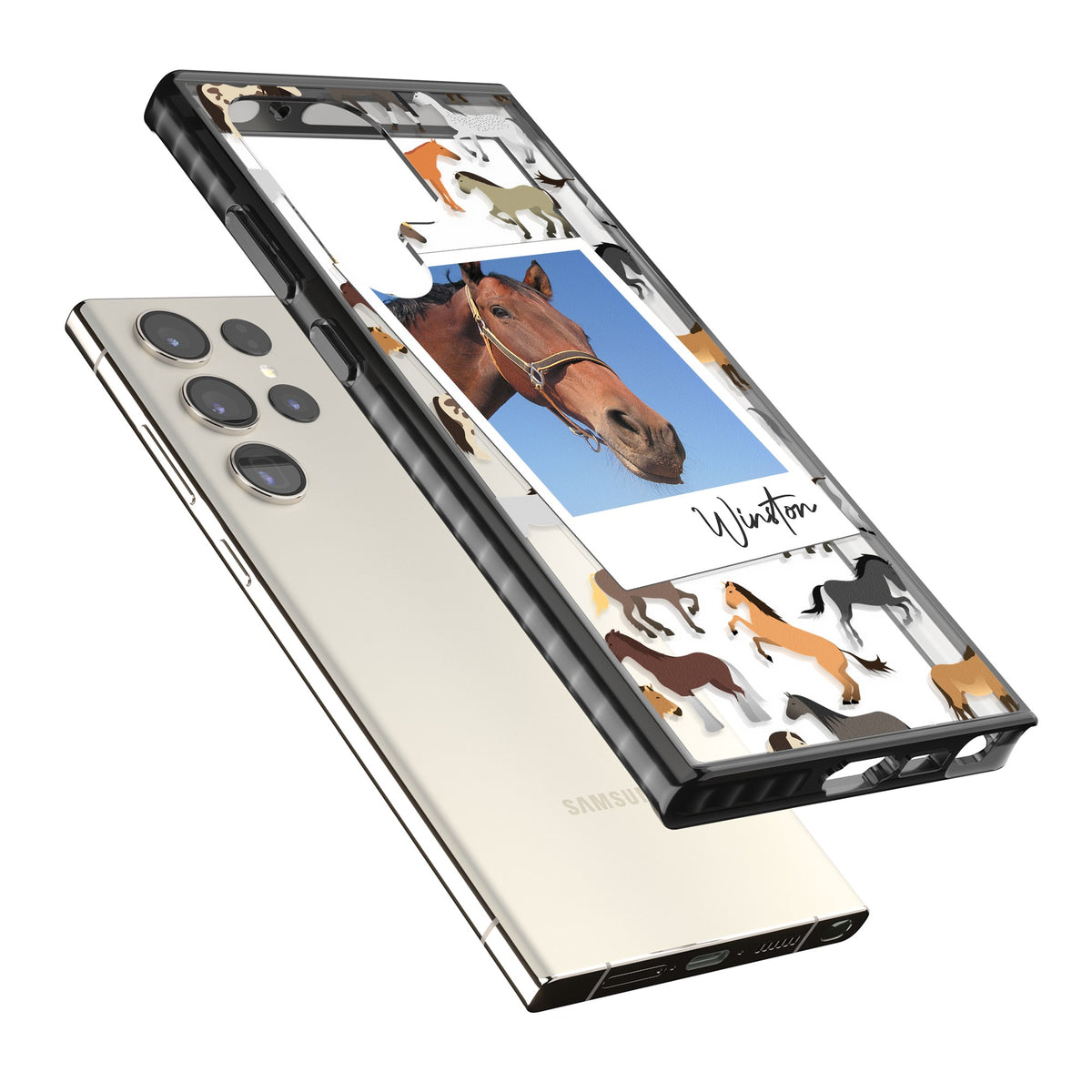 Personalised Horse Polaroid Samsung S22 Ultra / Samsung S23 Ultra / Samsung S24 Ultra Impact Black Phone Case angled