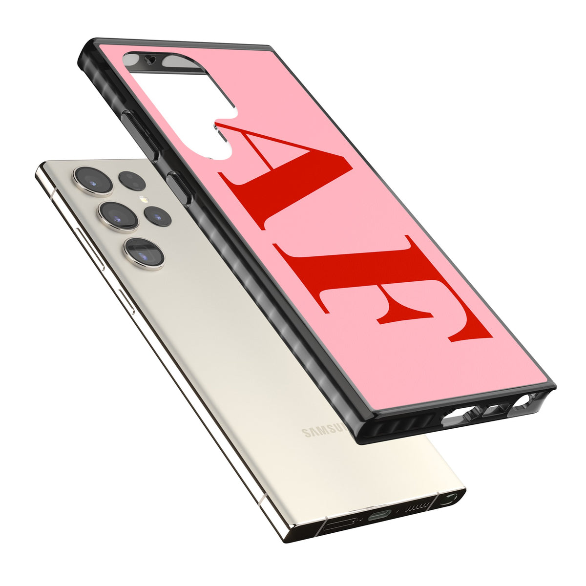 Personalised Red & Pink Letters Samsung S22 Ultra / Samsung S23 Ultra / Samsung S24 Ultra Impact Black Phone Case angled