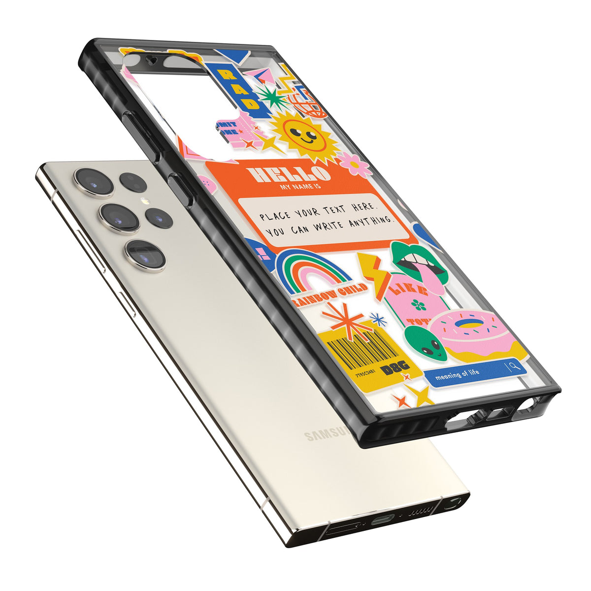 Personalised Retro Nametag Sticker Samsung S22 Ultra / Samsung S23 Ultra / Samsung S24 Ultra Impact Black Phone Case angled