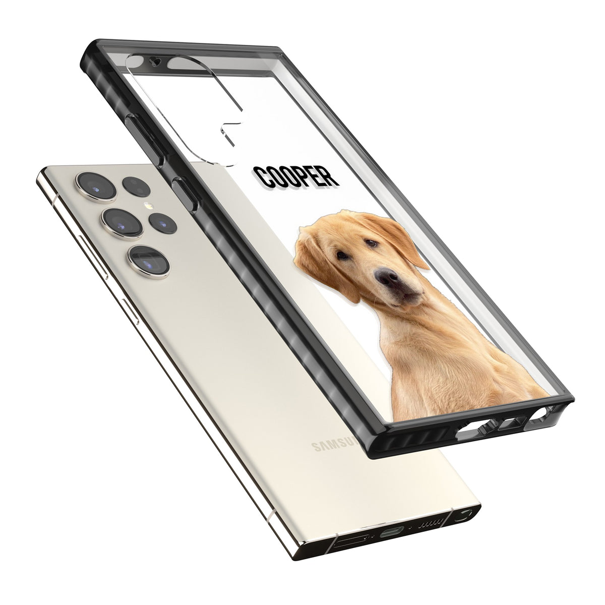 Personalised Pet Cutout & Name Samsung S22 Ultra / Samsung S23 Ultra / Samsung S24 Ultra Impact Black Phone Case angled