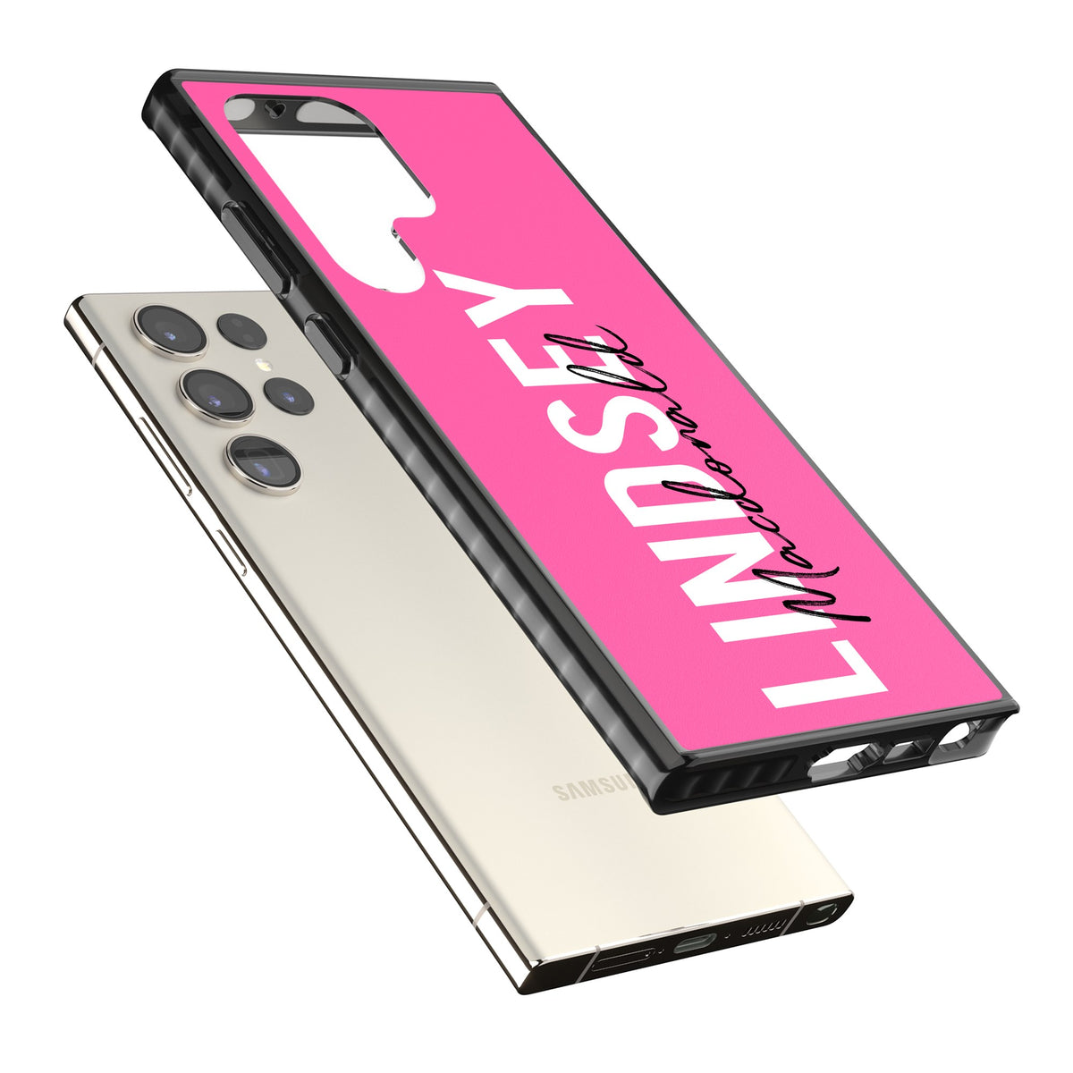 Personalised Bold Name: Pink Samsung S22 Ultra / Samsung S23 Ultra / Samsung S24 Ultra Impact Black Phone Case angled