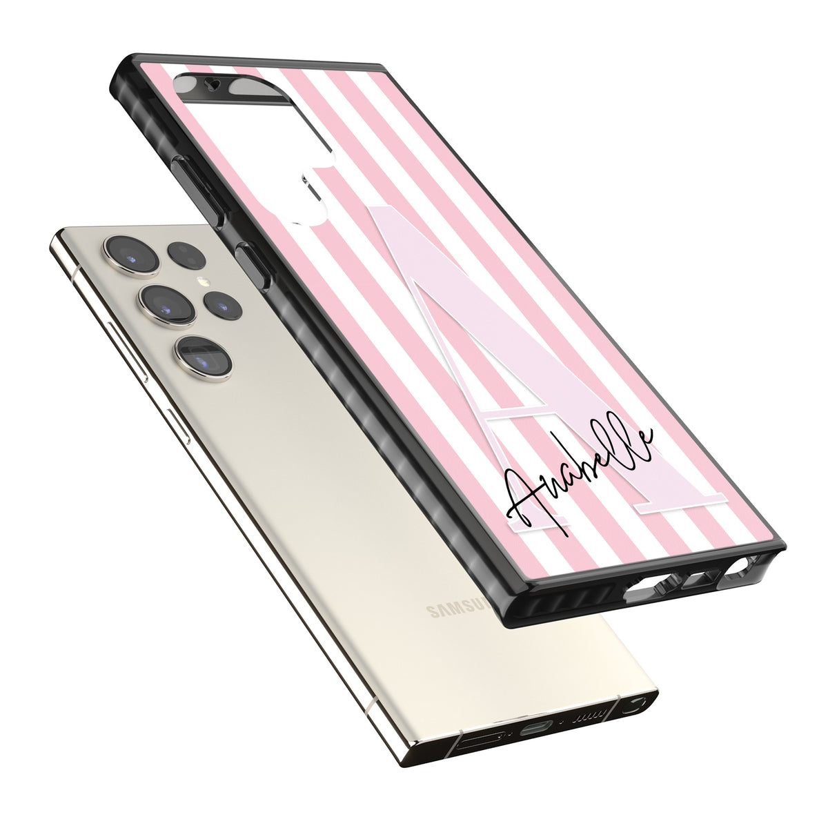Personalised Soft Pink Stripes Samsung S22 Ultra / Samsung S23 Ultra / Samsung S24 Ultra Impact Black Phone Case angled