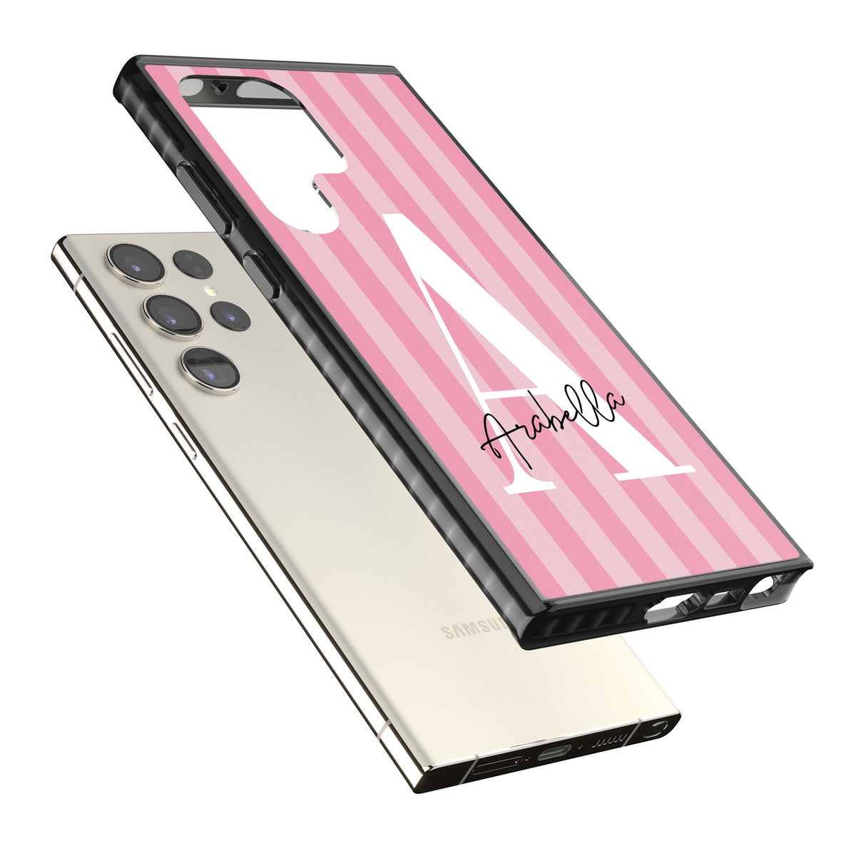 Personalised Pink Stripes Samsung S22 Ultra / Samsung S23 Ultra / Samsung S24 Ultra Impact Black Phone Case angled