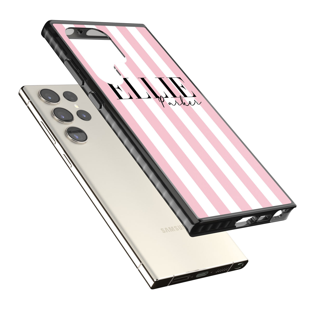 Personalised Pink Stripes Samsung S22 Ultra / Samsung S23 Ultra / Samsung S24 Ultra Impact Black Phone Case angled