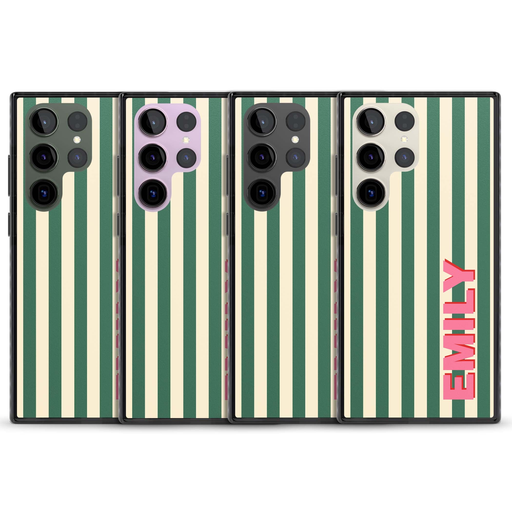 Wimbledon Stripe preppy iPhone case featuring green and cream vertical stripes with a personalised pink name | Black Impact case for Samsung Galaxy S24 Ultra, Samsung Galaxy S23 Ultra, Samsung Galaxy S22 Ultra