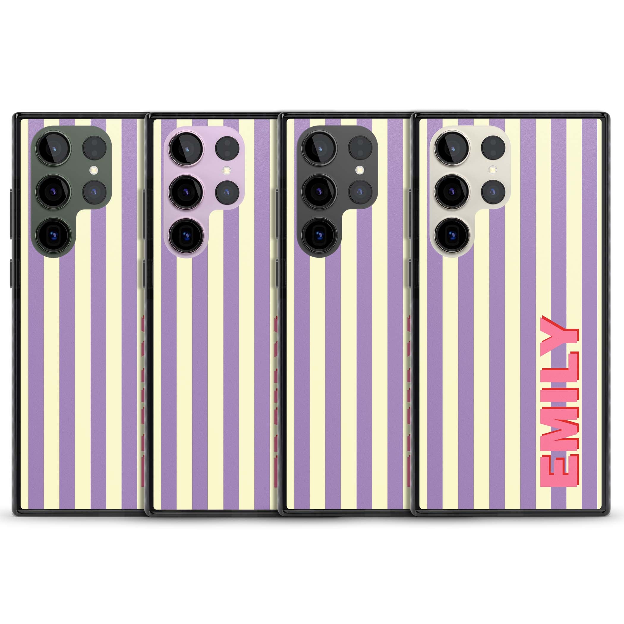 Valensole Stripe personalised iPhone case with purple and cream vertical stripes and pink custom name | Black Impact case for Samsung Galaxy S24 Ultra, Samsung Galaxy S23 Ultra, Samsung Galaxy S22 Ultra