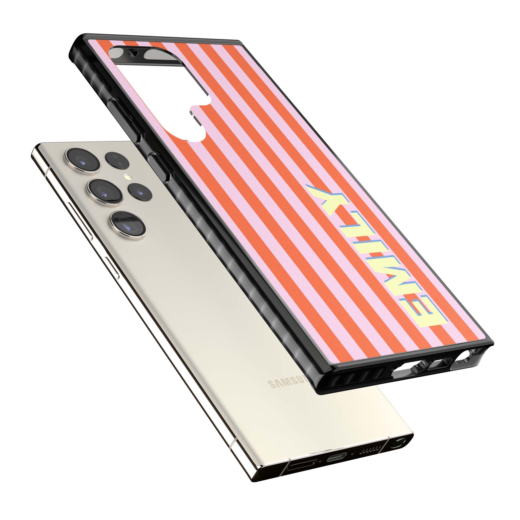 Havana Stripe personalised iPhone case featuring pink and orange vertical stripes with a custom yellow name | Black Impact case for Samsung Galaxy S24 Ultra, Samsung Galaxy S23 Ultra, Samsung Galaxy S22 Ultra