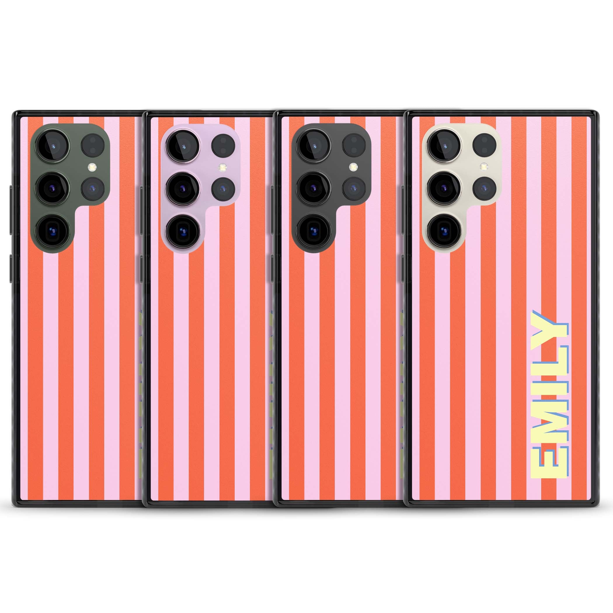 Havana Stripe personalised iPhone case featuring pink and orange vertical stripes with a custom yellow name | Black Impact case for Samsung Galaxy S24 Ultra, Samsung Galaxy S23 Ultra, Samsung Galaxy S22 Ultra