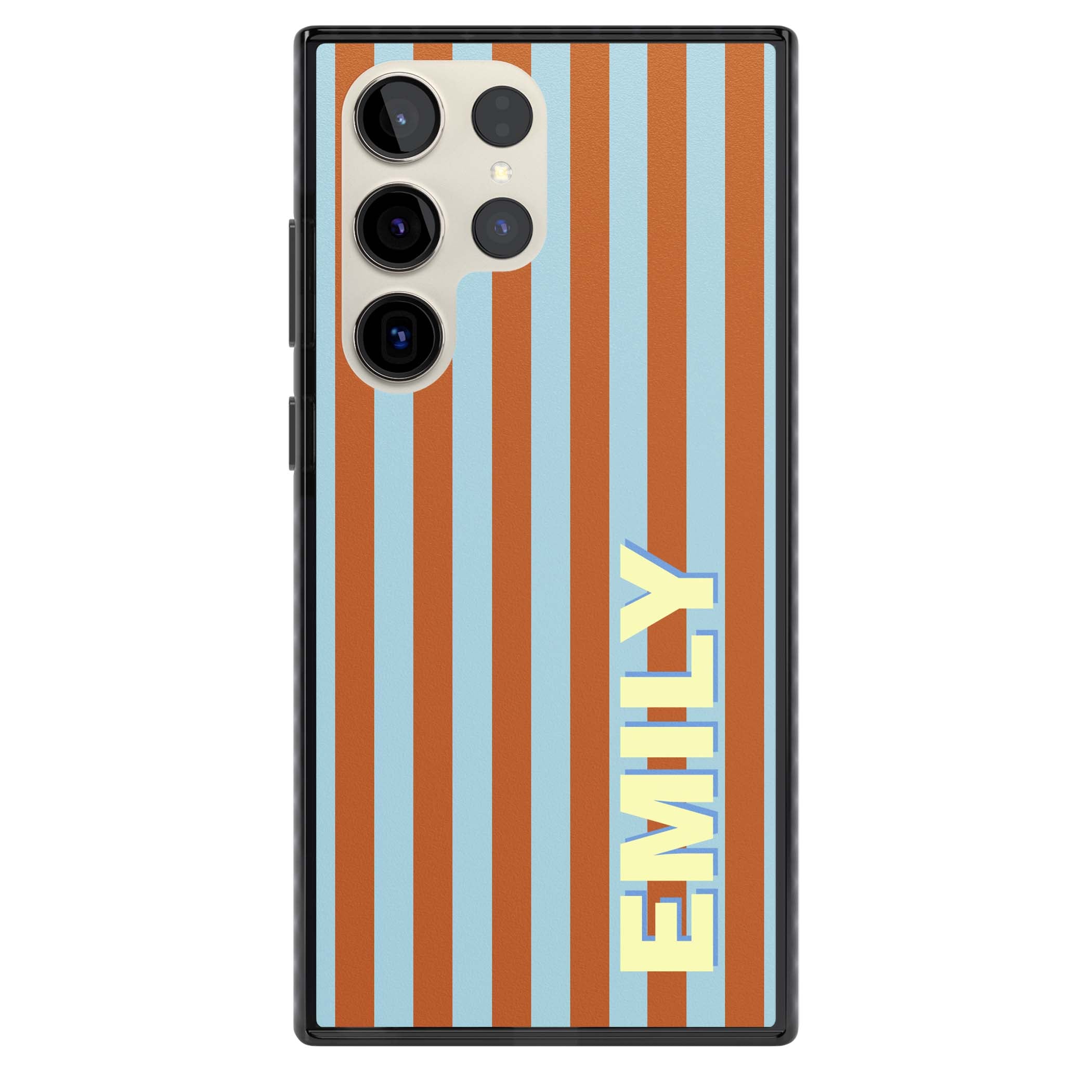 Cappadocia Stripe personalised coastal iPhone case featuring blue and orange vertical stripes with custom cream name | Black Impact case for Samsung Galaxy S24 Ultra, Samsung Galaxy S23 Ultra, Samsung Galaxy S22 Ultra