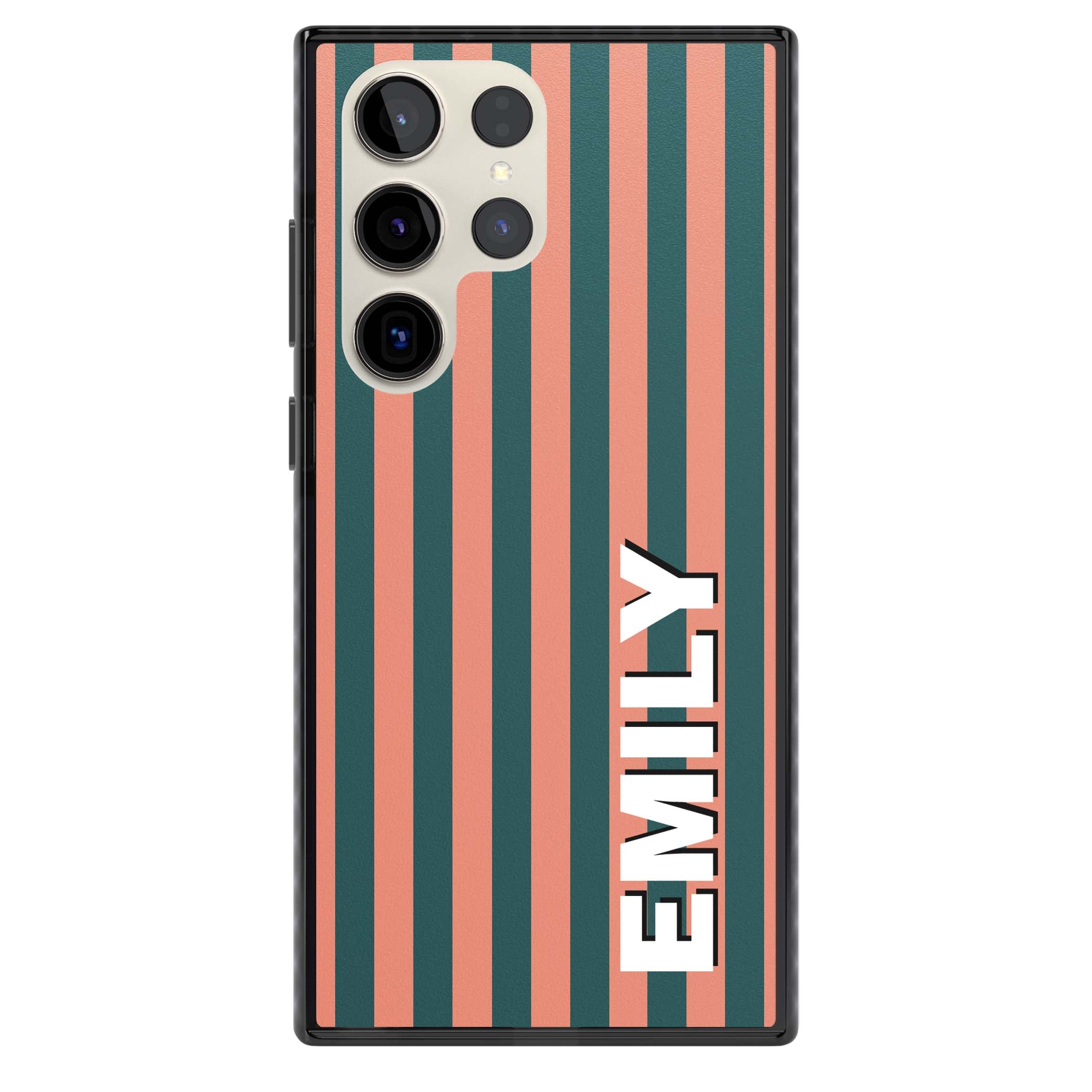Tuscan Stripe personalised iPhone case featuring coral and green vertical stripes with bold custom name | Black Impact case for Samsung Galaxy S24 Ultra, Samsung Galaxy S23 Ultra, Samsung Galaxy S22 Ultra