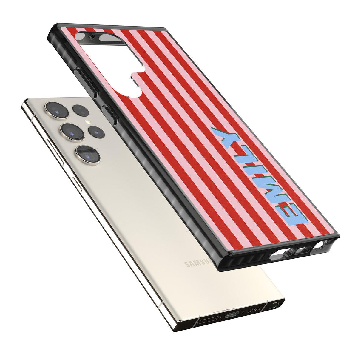 Personalised Market Stripe Samsung S22 Ultra / Samsung S23 Ultra / Samsung S24 Ultra Impact Black Phone Case angled