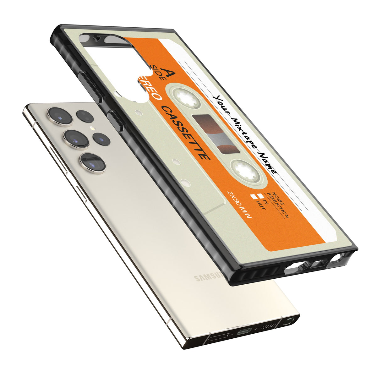 Personalised Retro Cassette Classic Samsung S22 Ultra / Samsung S23 Ultra / Samsung S24 Ultra Impact Black Phone Case angled