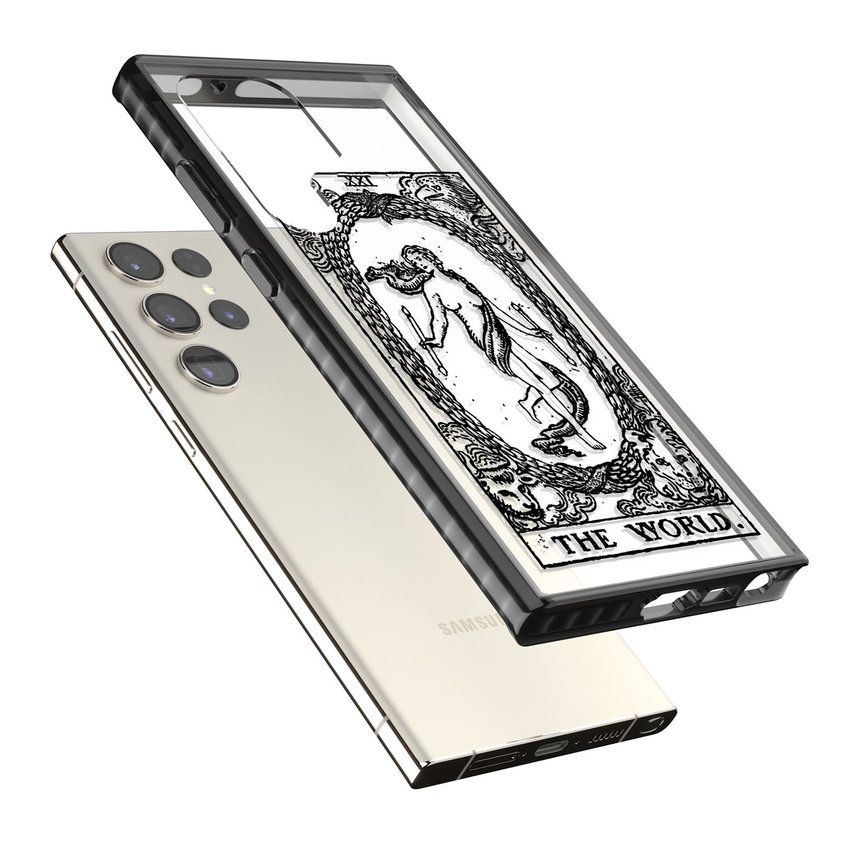 Personalised The World Tarot Card (Clear) Samsung S22 Ultra / Samsung S23 Ultra / Samsung S24 Ultra Impact Black Phone Case angled