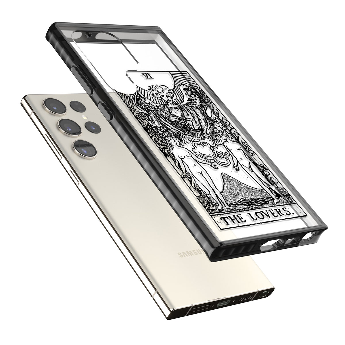 Personalised The Lovers Tarot Card (Clear) Samsung S22 Ultra / Samsung S23 Ultra / Samsung S24 Ultra Impact Black Phone Case angled