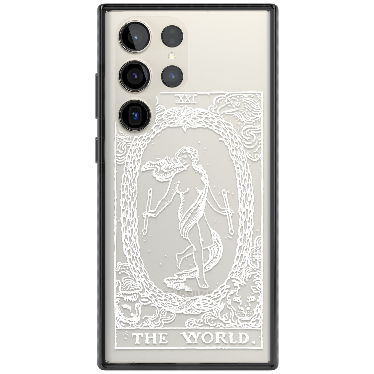 Personalised The World Tarot Card (White) Samsung S22 Ultra / Samsung S23 Ultra / Samsung S24 Ultra Impact Black Phone Case front