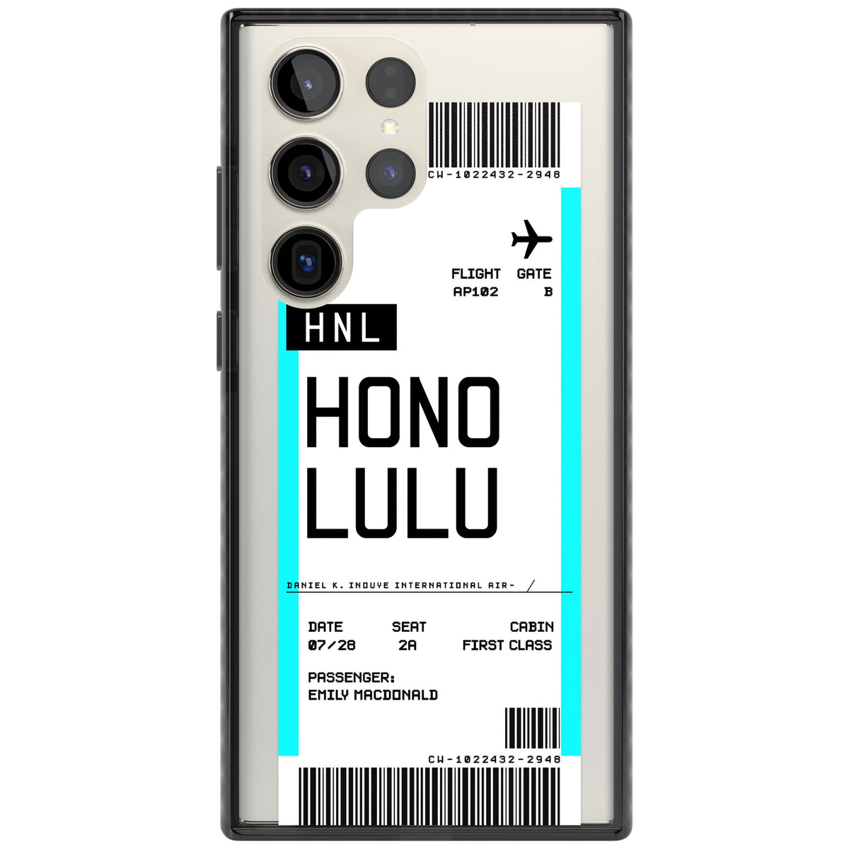 Personalised Honolulu Boarding Pass Samsung S22 Ultra / Samsung S23 Ultra / Samsung S24 Ultra Impact Black Phone Case front