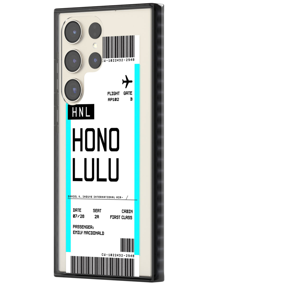 Personalised Honolulu Boarding Pass Samsung S22 Ultra / Samsung S23 Ultra / Samsung S24 Ultra Impact Black Phone Case side