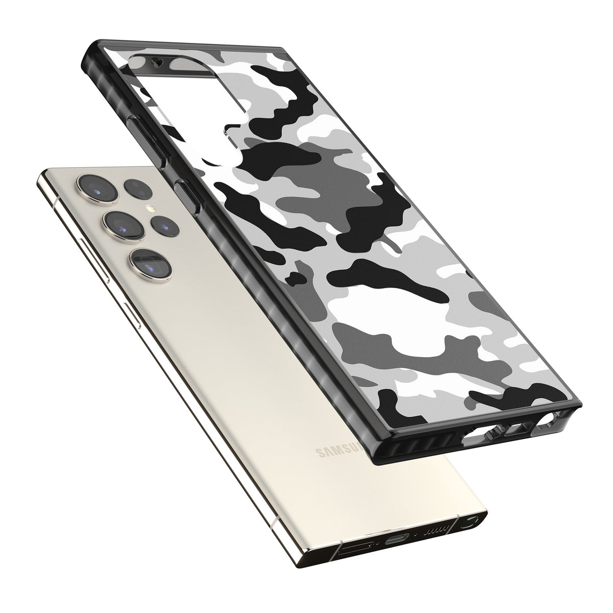 Grey Camo Samsung S22 Ultra / Samsung S23 Ultra / Samsung S24 Ultra Impact Black Phone Case angled