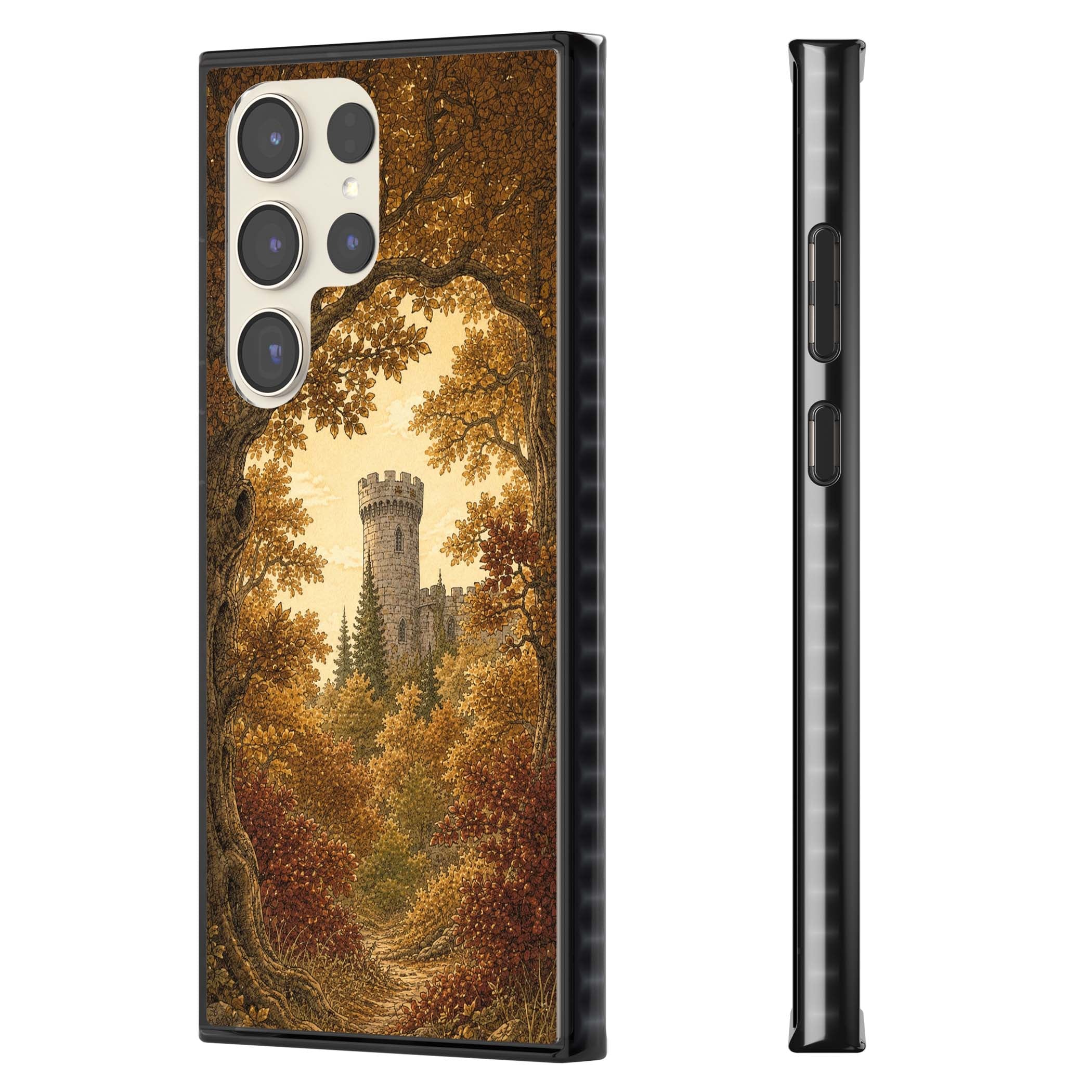 Autumn Keep cottagecore iPhone case featuring a medieval castle tower framed by golden autumn trees and woodland foliage | Black Impact case for Samsung Galaxy S24 Ultra, Samsung Galaxy S23 Ultra, Samsung Galaxy S22 Ultra