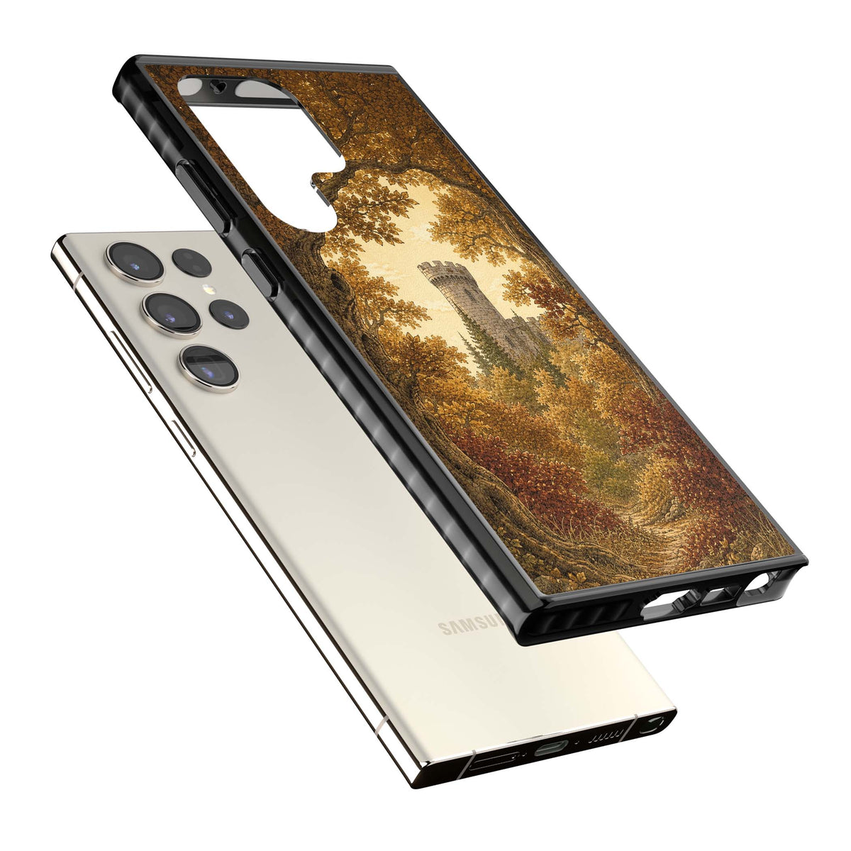 Autumn Keep cottagecore iPhone case featuring a medieval castle tower framed by golden autumn trees and woodland foliage | Black Impact case for Samsung Galaxy S24 Ultra, Samsung Galaxy S23 Ultra, Samsung Galaxy S22 Ultra