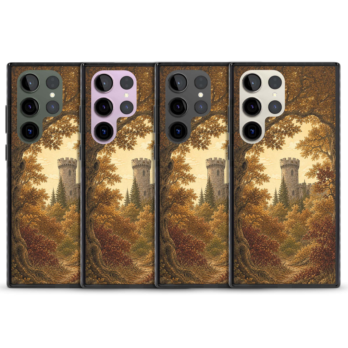 Autumn Keep cottagecore iPhone case featuring a medieval castle tower framed by golden autumn trees and woodland foliage | Black Impact case for Samsung Galaxy S24 Ultra, Samsung Galaxy S23 Ultra, Samsung Galaxy S22 Ultra