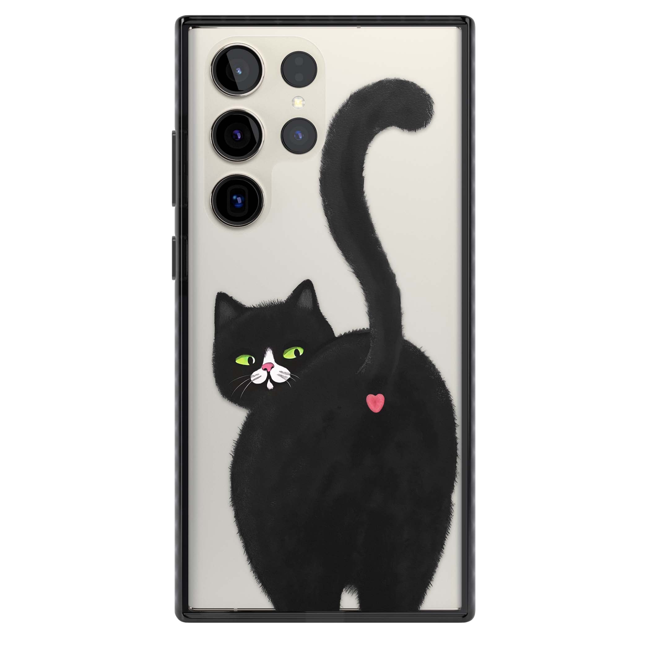 The Cat's Kiss cute cat iPhone case featuring a hand-painted tuxedo kitty with green eyes and a pink heart on a clear  | Black Impact case for Samsung Galaxy S24 Ultra, Samsung Galaxy S23 Ultra, Samsung Galaxy S22 Ultra