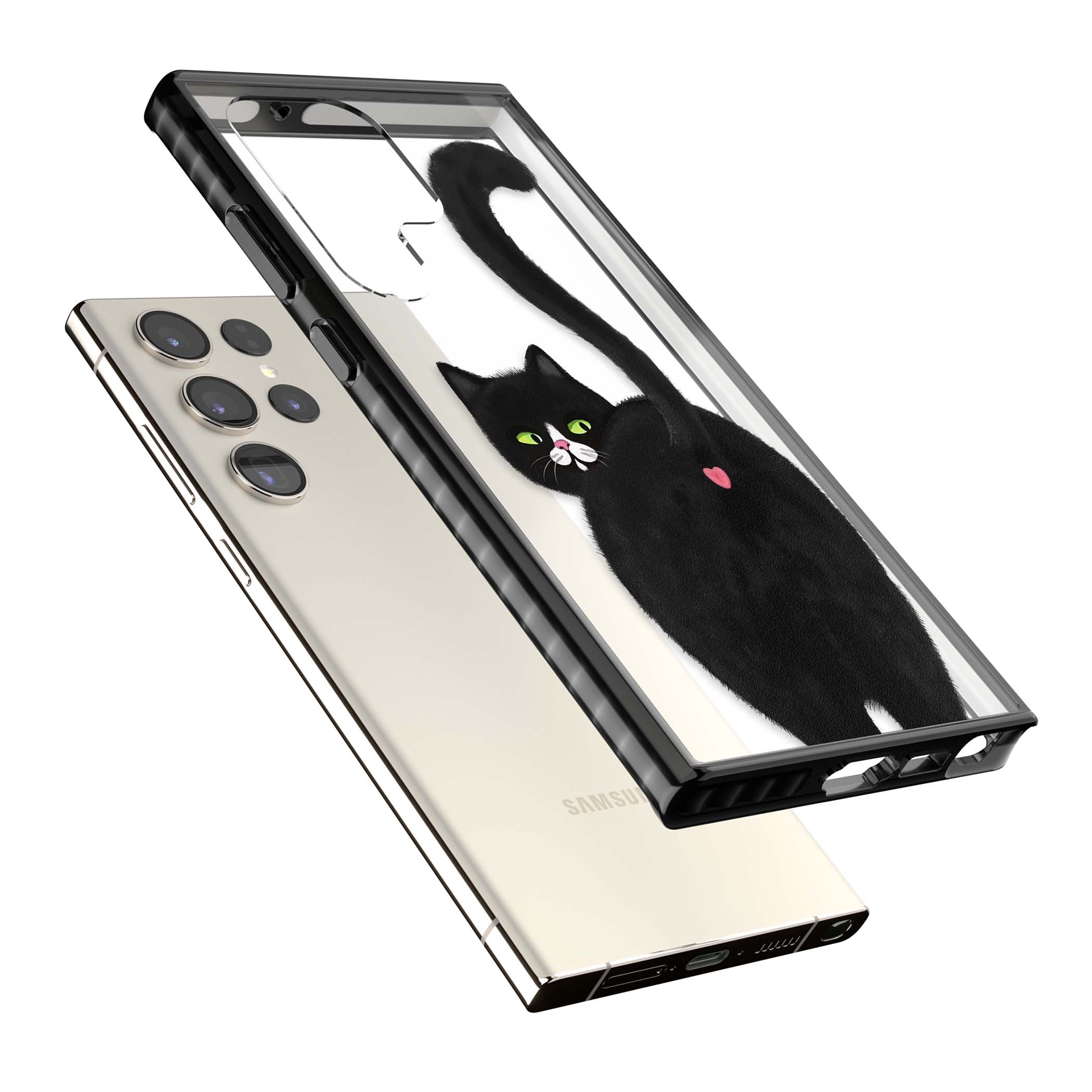 The Cat's Kiss cute cat iPhone case featuring a hand-painted tuxedo kitty with green eyes and a pink heart on a clear  | Black Impact case for Samsung Galaxy S24 Ultra, Samsung Galaxy S23 Ultra, Samsung Galaxy S22 Ultra