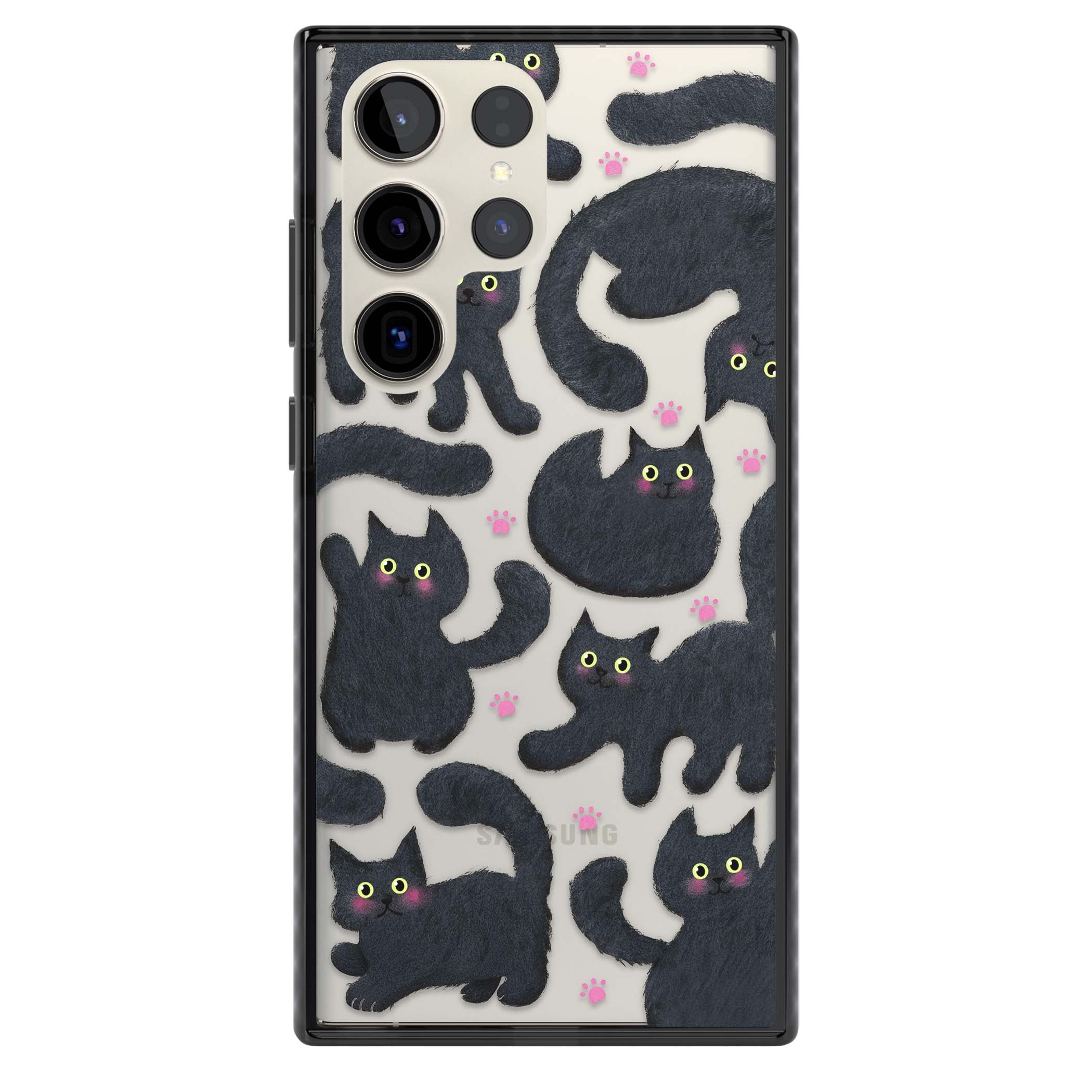 Midnight Cats cute iPhone case featuring black cat pattern with yellow eyes and pink paw prints | Black Impact case for Samsung Galaxy S24 Ultra, Samsung Galaxy S23 Ultra, Samsung Galaxy S22 Ultra