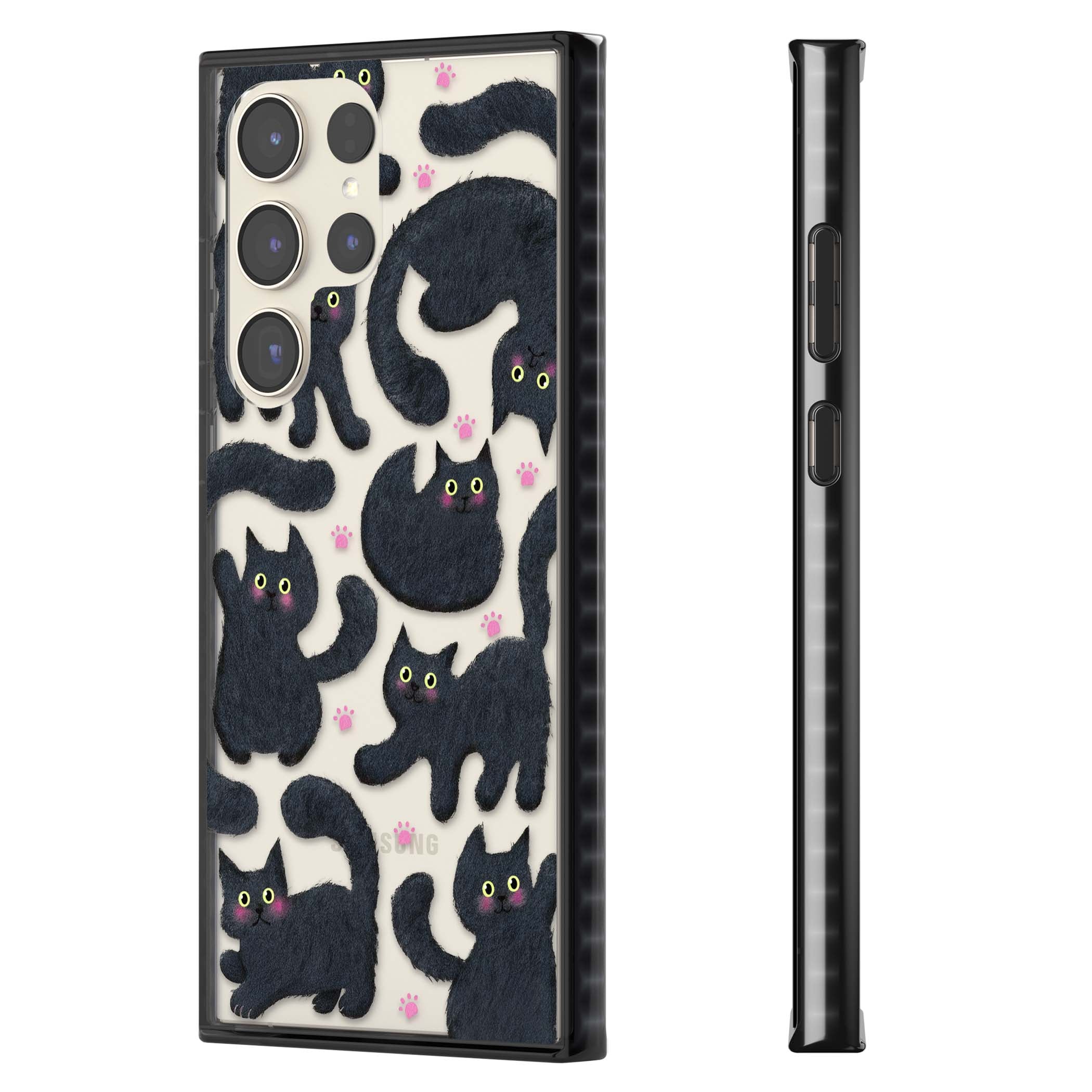 Midnight Cats cute iPhone case featuring black cat pattern with yellow eyes and pink paw prints | Black Impact case for Samsung Galaxy S24 Ultra, Samsung Galaxy S23 Ultra, Samsung Galaxy S22 Ultra