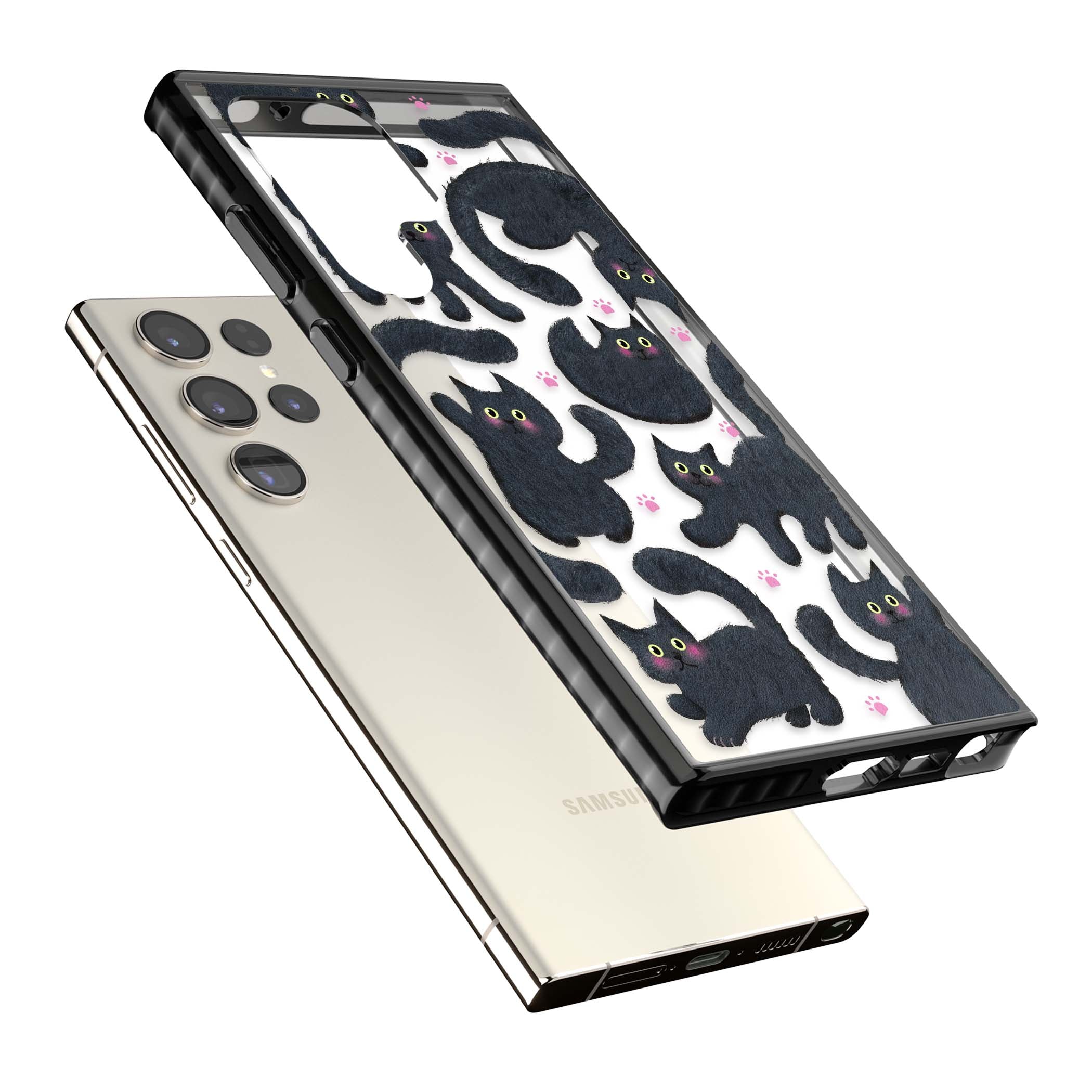 Midnight Cats cute iPhone case featuring black cat pattern with yellow eyes and pink paw prints | Black Impact case for Samsung Galaxy S24 Ultra, Samsung Galaxy S23 Ultra, Samsung Galaxy S22 Ultra