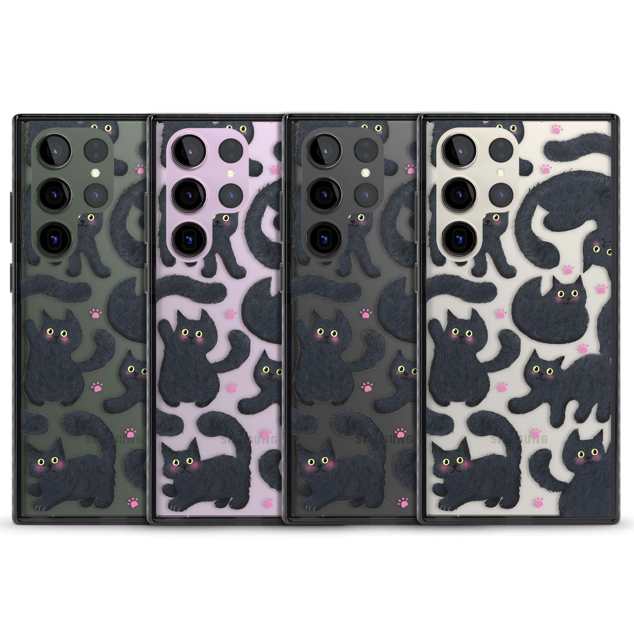 Midnight Cats cute iPhone case featuring black cat pattern with yellow eyes and pink paw prints | Black Impact case for Samsung Galaxy S24 Ultra, Samsung Galaxy S23 Ultra, Samsung Galaxy S22 Ultra