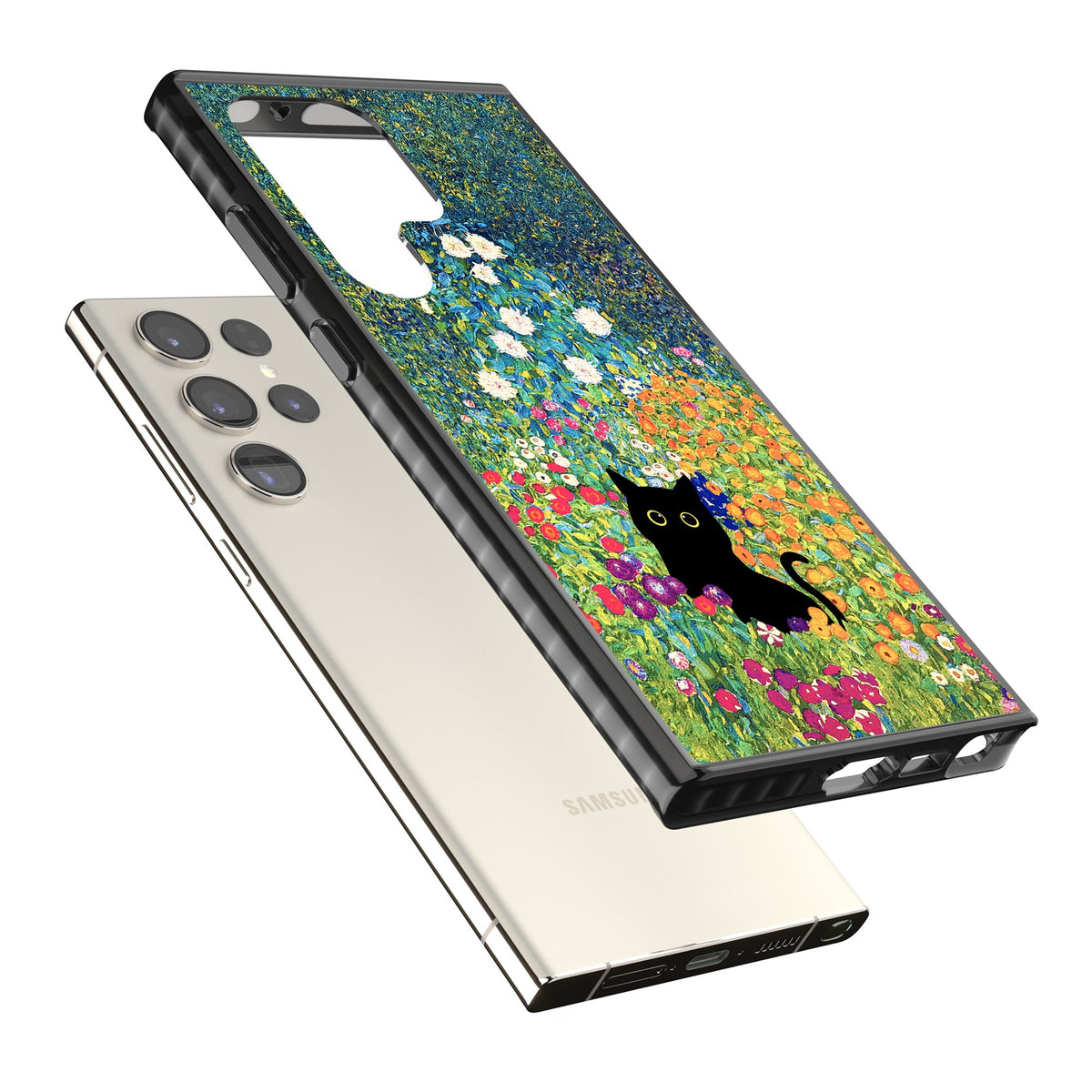 Cat in Klimt's Garden Samsung S22 Ultra / Samsung S23 Ultra / Samsung S24 Ultra Impact Black Phone Case angled