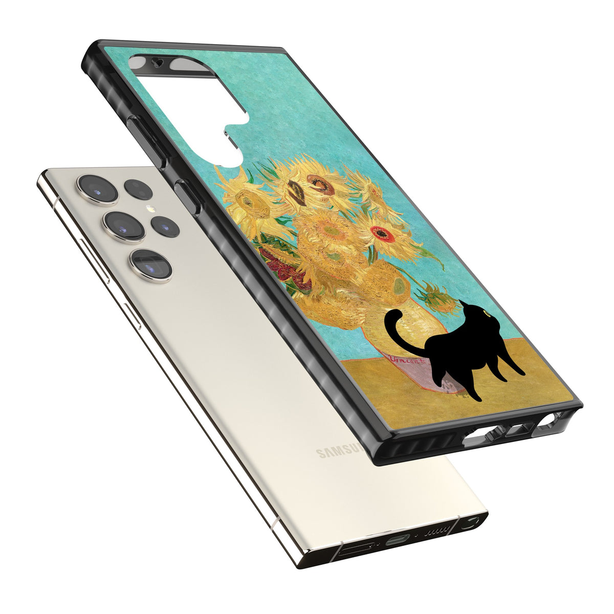 Cat with Van Gogh's Sunflowers Samsung S22 Ultra / Samsung S23 Ultra / Samsung S24 Ultra Impact Black Phone Case angled