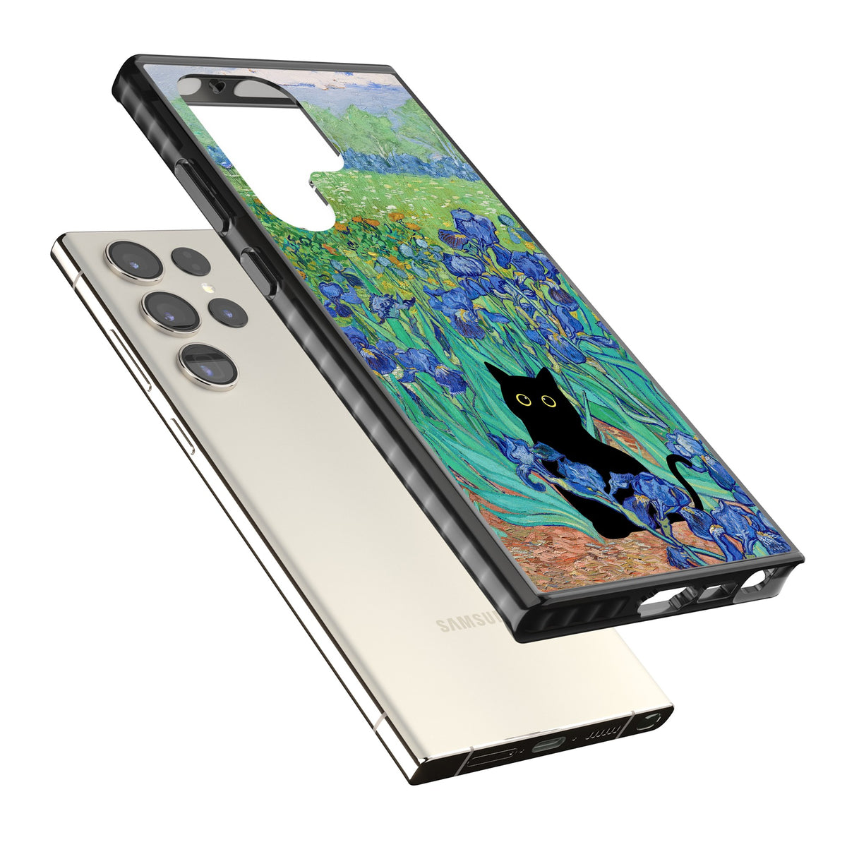 Cat in Van Gogh's Irises Samsung S22 Ultra / Samsung S23 Ultra / Samsung S24 Ultra Impact Black Phone Case angled