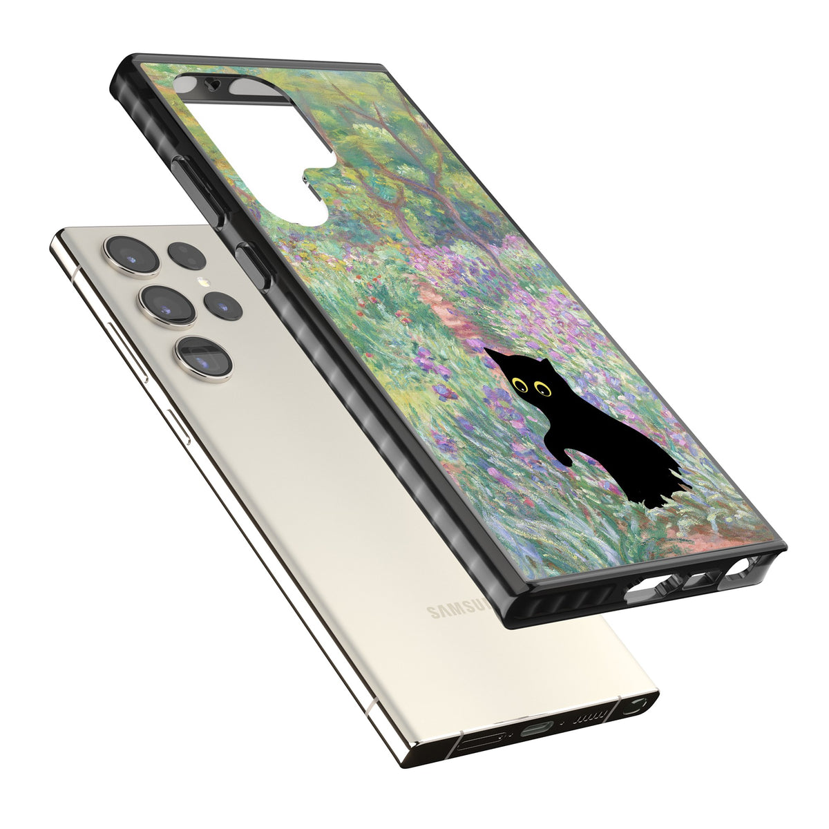 Cat in Monet's Giverny Garden Samsung S22 Ultra / Samsung S23 Ultra / Samsung S24 Ultra Impact Black Phone Case angled