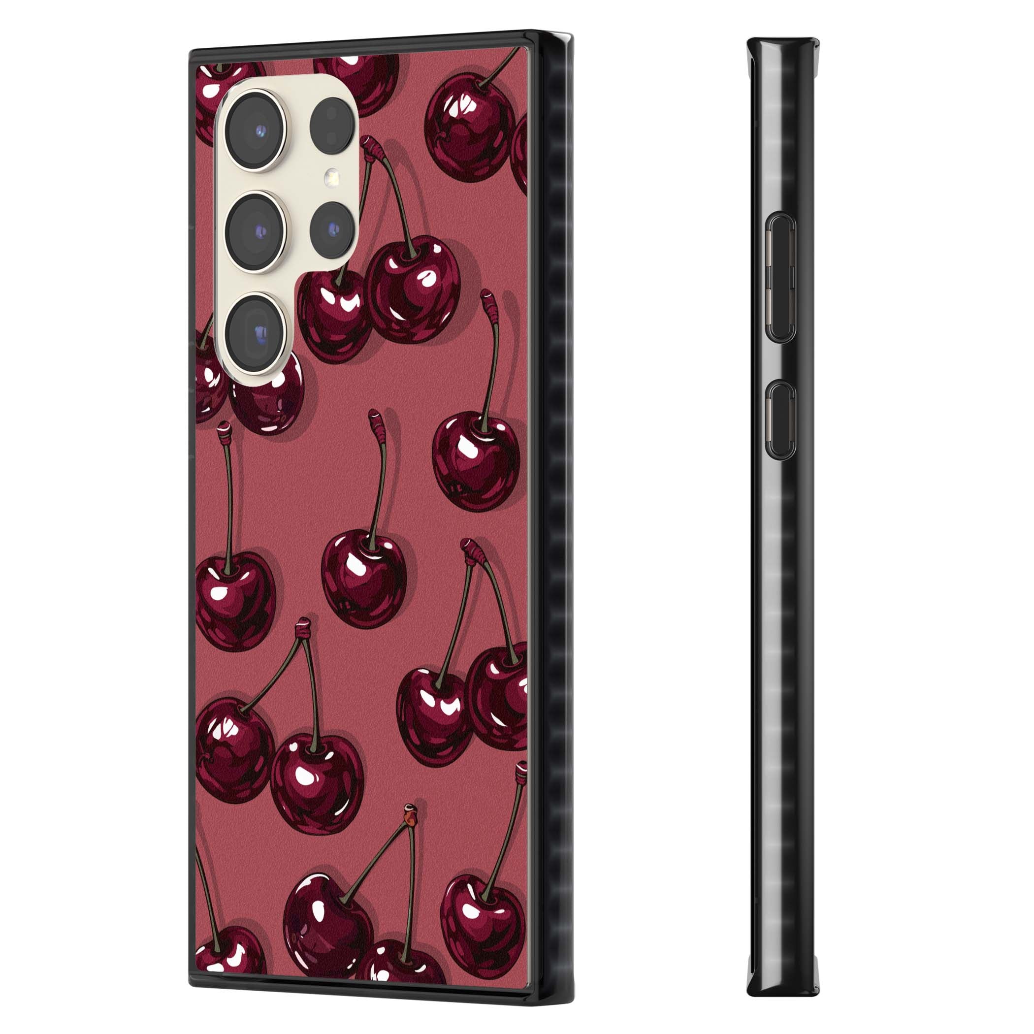 Cherry Rebel coquette iPhone case featuring glossy burgundy cherries on a dusty rose background | Black Impact case for Samsung Galaxy S24 Ultra, Samsung Galaxy S23 Ultra, Samsung Galaxy S22 Ultra