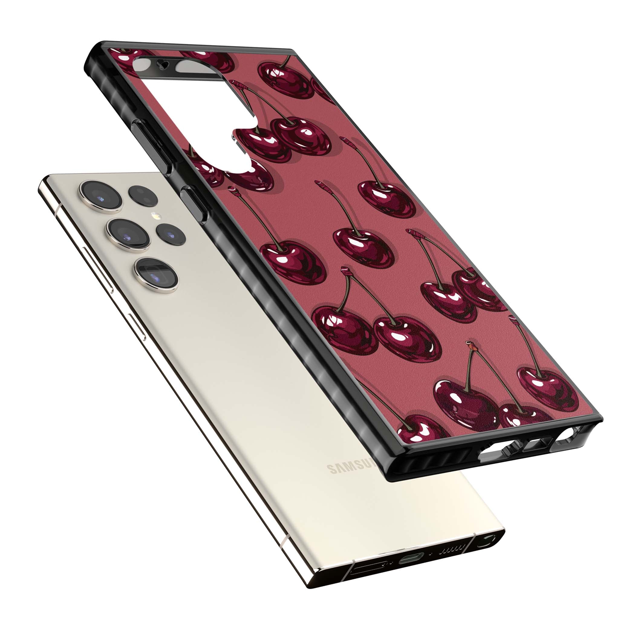 Cherry Rebel coquette iPhone case featuring glossy burgundy cherries on a dusty rose background | Black Impact case for Samsung Galaxy S24 Ultra, Samsung Galaxy S23 Ultra, Samsung Galaxy S22 Ultra